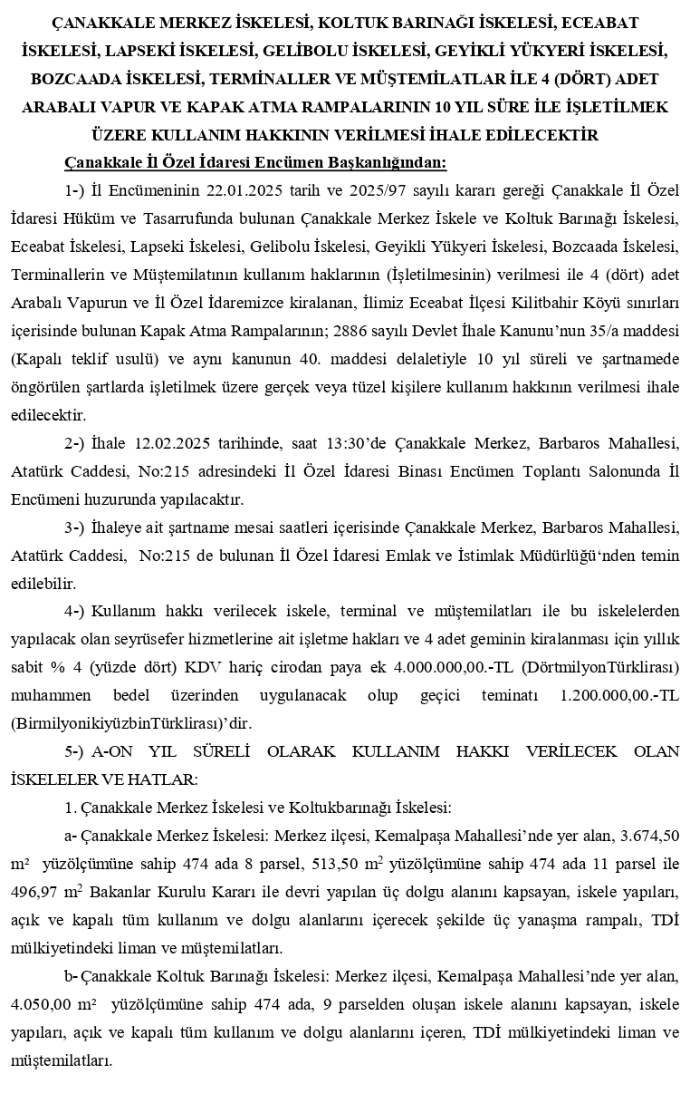 Çanakkale feribot iskele kiralama