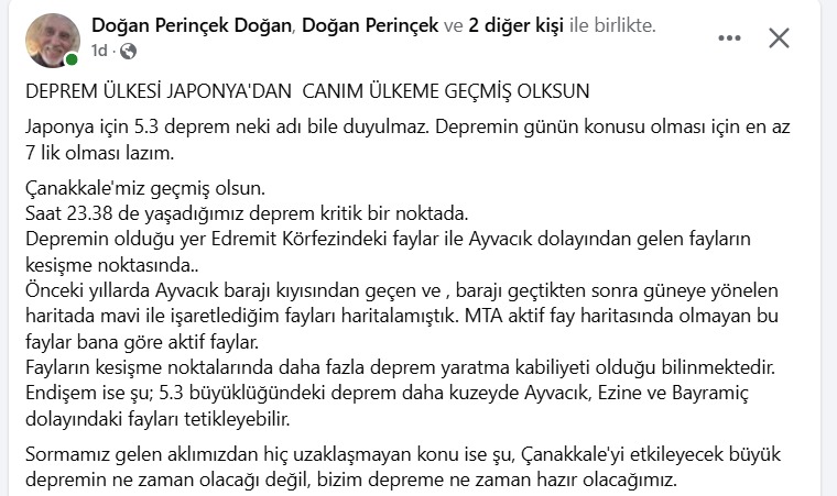 Çanakkale Perinçek deprem uyarı