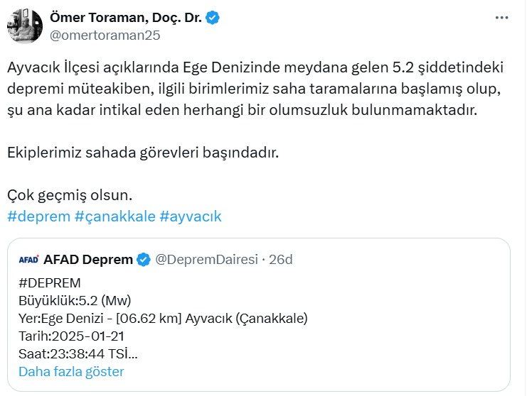 Çanakkale Ayvacık Deprem Vali Ömer Toraman