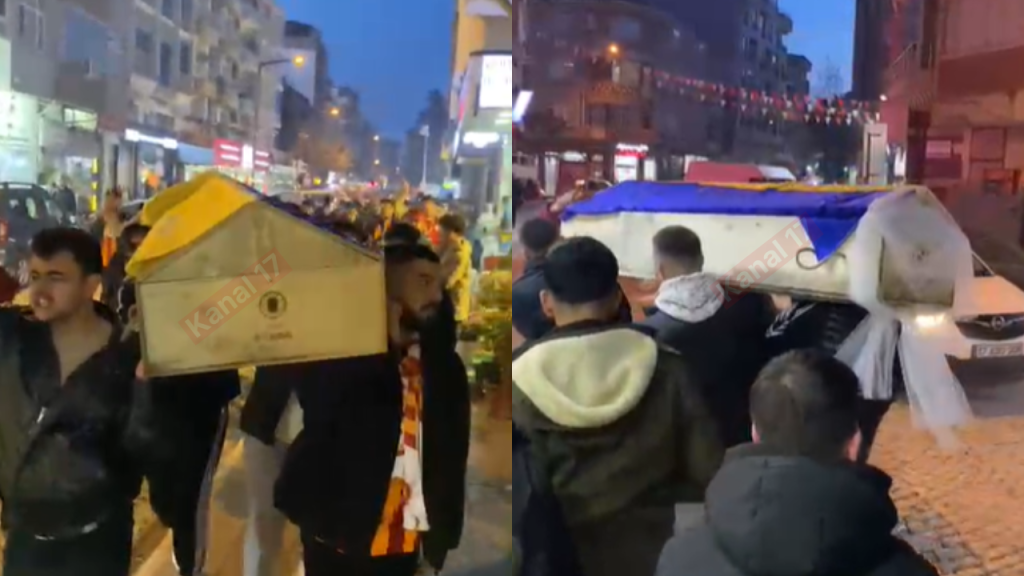 Biga’da Galatasaraylılar Fenerbahçe bayrağı sarılı tabut taşıdılar