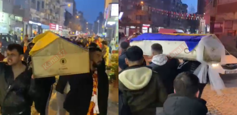 Biga’da Galatasaraylılar Fenerbahçe bayrağı sarılı tabut taşıdılar