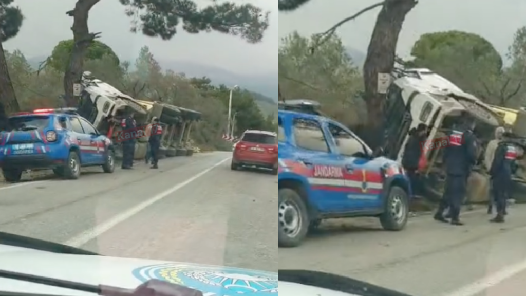 Çanakkale’de Yan yatan tır ağaca girdi