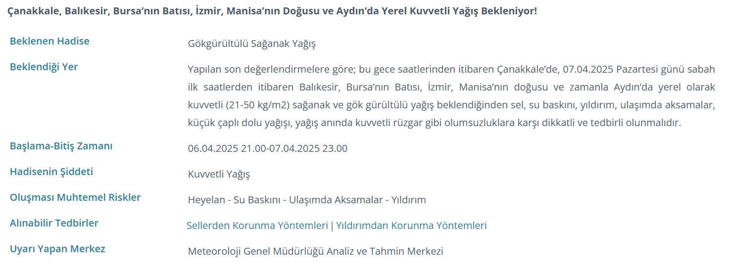 Meteoroloji'den Çanakkale'ye Gökgürültülü Sağanak Yağış uyarısı
