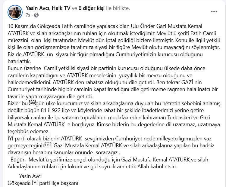 Gökçeada'da Atatürk için mevlid okutulmasına izin verilmedi